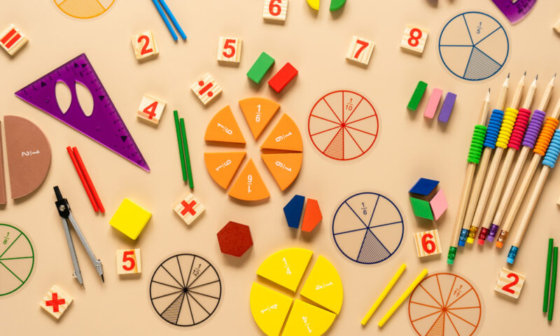 math resources like number blocks, protractor on a table