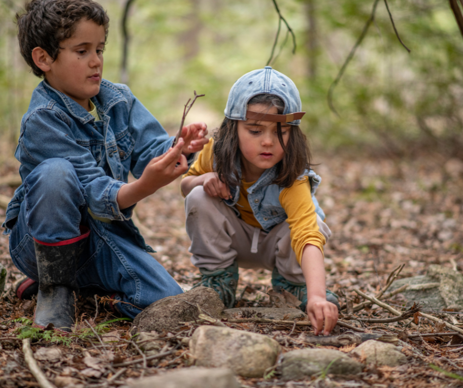 Kids playing in the woods, outdoor math activities, beat the summer slide